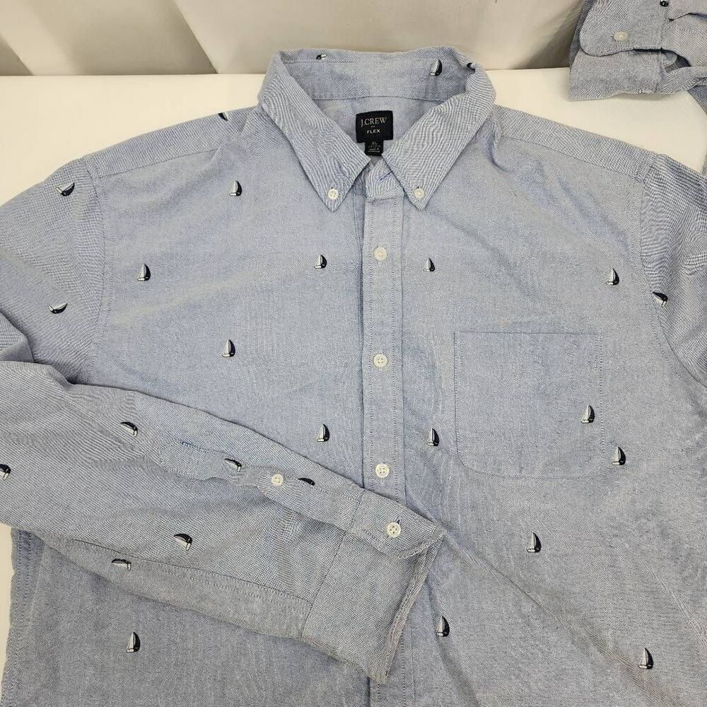 J.Crew Flex Shirt Mens XL 17-17.5 Blue Cotton 1 Pocket Long Sleeve Sailboat Prin
